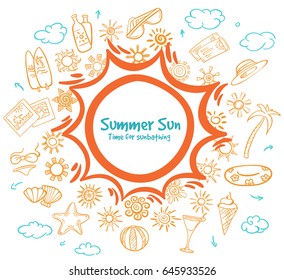 Colorful sketch summer rest concept with suns of different shapes and beach vacation elements vector illustration