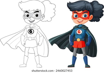 Colorful and sketch superhero kids with capes