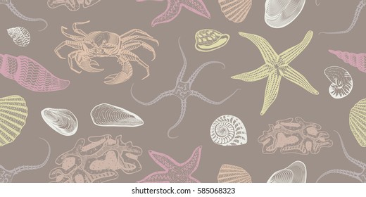 Colorful sketch underwater seamless pattern with seashells crab starfish mollusks snail vector illustration