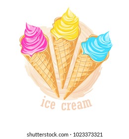 Colorful sketch vector with ice cream cone. Summer cold dessert.