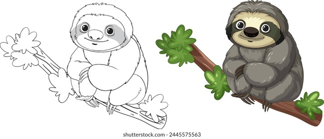 Colorful and sketch versions of a happy sloth