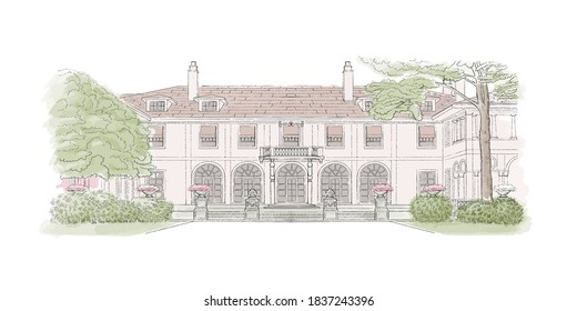 Colorful sketch, wedding venue, architecture. Vector illustration with style mansion, big tree in front of it, country estate. Historic building, location for your elegant countryside wedding.