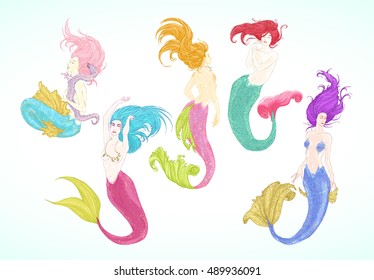 Colorful Sketched mermaids set, watercolor character design. Hand drawn singing cute mermaid, beautiful collection for t-shirt print. Vector illustration,separated editable elements: hair, body, tail.