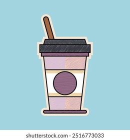 A colorful, sketched style coffee cup sticker with pastel tones, featuring a lid and straw, set against a solid light blue background.