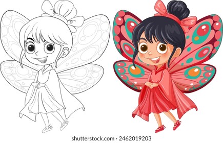 Coloridas y bosquejadas versiones de una niña mariposa