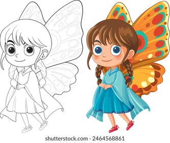 Colorful and sketched versions of a butterfly girl