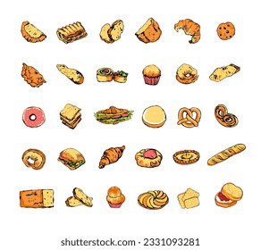 Colorful sketches of bread and bakery items. Thirty doodle elements in retro style. Collection of artistic isolated hand drawn design elements for bakehouse, cafe, shop prints