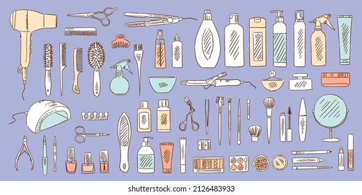 Colorful sketches collection of tools for manicure, pedicure, hair care, facial cosmetics on  a blue background. Icons for a beauty salon and nails art. Vintage design elements, hand-drawn, vector. 