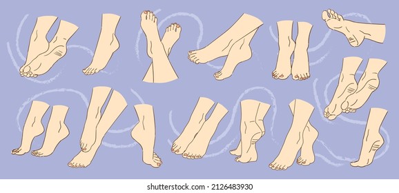 Coloridos bocetos de los pies de la mujer con las uñas rosas sobre un fondo azul. Imagen de un salón de belleza. Ilustración vintage, dibujada a mano, vector. Ilustración de moda. 