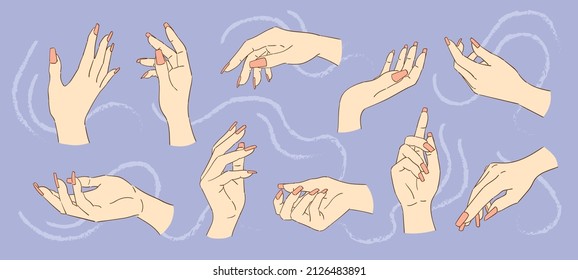 Colorful sketches collection of woman's hands with pink nails on a blue background. Image for a beauty salon. Vintage illustration, hand-drawn, vector. Fashion illustration. Hands gestures.