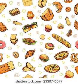 Colorful sketchy bread and bakery seamless pattern. Editable collection of isolated hand drawn items with fun doodle elements for various prints