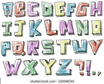 Colorful sketchy hand drawn alphabet