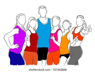 Colorful sketchy vector illustration of a group of happy people