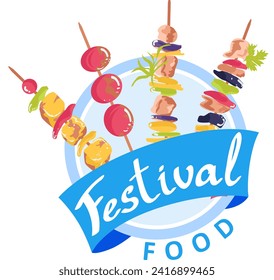 Colorful skewers with meat and vegetables, food festival logo design. Fresh ingredients kebabs, event banner. Culinary feast and community gathering vector illustration.