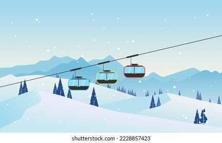 Colorful ski cabin lift gondolas on the cableway, chalet, winter mountain landscape, snowy peaks, and slopes. Vector flat illustration.