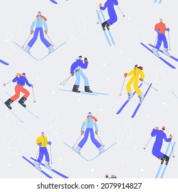 Colorful skiers hand drawn seamless pattern. Skiers cartoon style illustrations.  Winter sport wrapping paper, textile, background flat design.