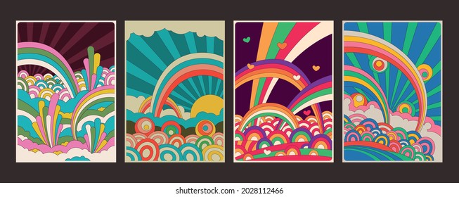 Colorful Skies, Rainbows and Clouds, Vector Psychedelic Illustration Set 