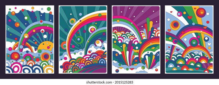 Colorful Skies Vector Illustration Set, 1960s Hippie Art Style Drawing, Clouds, Rainbows, Fantasy Flowers and Bubbles