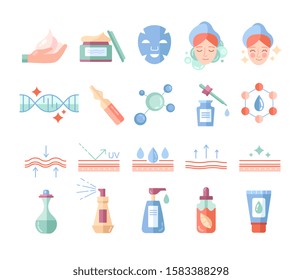 Colorful skin care and beauty cosmetics icons set. Outline signs for cosmetic product package. Flat line art vector illustration