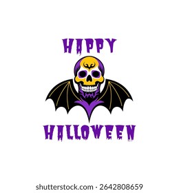 Colorful skull with bat wing positioned between the phrases HAPPY and HALLOWEEN  in a dripping, jagged  font on a white background.