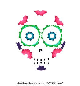 Colorful skull with beautiful flowers. Symbol representative of Mexico's Day of the Dead celebration. Cultural festival of Mexico. Isolated skeleton on black black background.