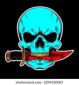 Colorful Skull Biting Dagger Vector Icon  Isolated on Black Background