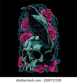 colorful A skull with a crow perched on it on a rose background for t shirt design