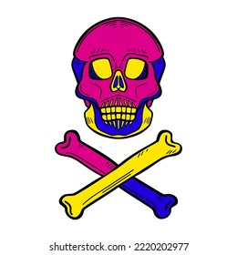 Colorful skull for the day of the dead with bones, vector illustration