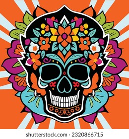 Colorful skull decorated all around with flowers. Vector Illustration