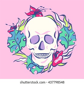 Colorful skull in floral wreath. Old School vector illustration.