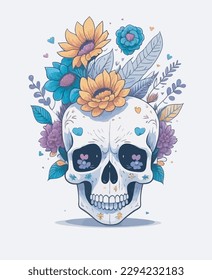 Colorful skull and flower headdress isolated on white background. Vector illustration.