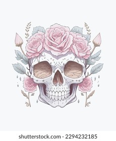 Colorful skull and flower headdress isolated on white background. Vector illustration.