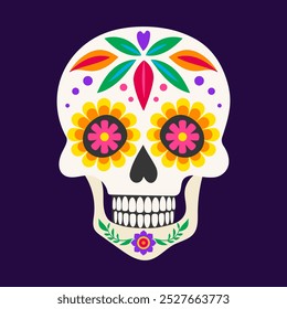 A colorful skull with flowers and leaves on it. The skull is decorated with bright colors and has a flower on each eye