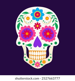 A colorful skull with flowers and leaves on it. The skull is decorated with pink, blue, and green flowers and leaves