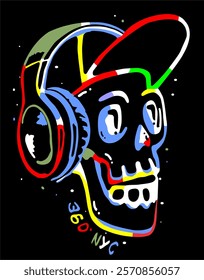 colorful skull with hat and headphones