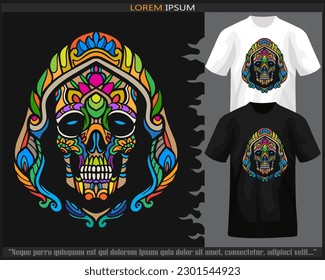 Colorful Skull head mandala arts isolated on black and white t shirt.