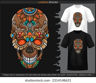 Colorful skull head mandala arts isolated on black and white t shirt.