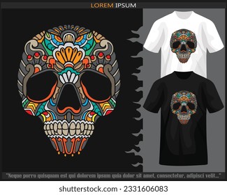 Colorful skull head mandala arts isolated on black and white t shirt.