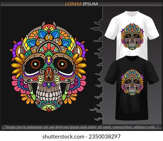 Colorful skull head mandala arts isolated on black and white t shirt.