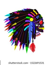 Colorful skull icon with indian feather headdress, vector illustration 