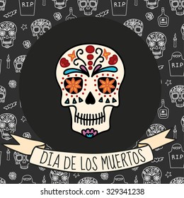 Colorful skull on Day of the dead (Halloween) seamless background with skulls, tombstones, tequila, flowers and candles. Vector eps10.