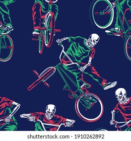 Colorful Skull riding BMX bicycle seamless pattern, Background wallpaper