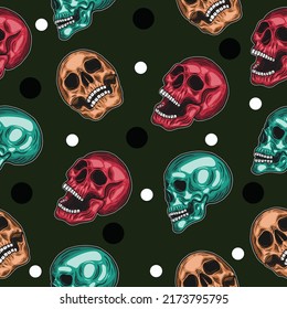 colorful skull seamless pattern black and white object wallpaper with design dark green background.
