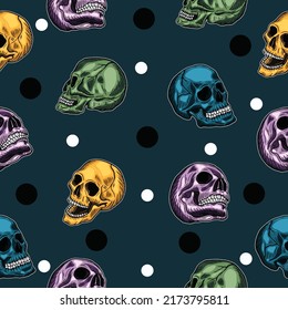 colorful skull seamless pattern black and white object wallpaper with design dark blue background.