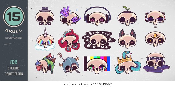 Colorful skull set. Print on T-shirts, sweatshirts, cases for mobile phones, souvenirs. Vector illustration