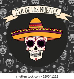 Calavera colorida en el sombrero mexicano el día de los muertos (Halloween), fondo sin fisuras con cráneos, lápidas, tequila, flores y velas. Vector eps10.