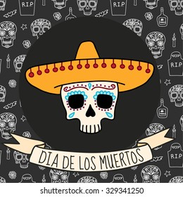 Colorful skull in sombrero on Day of the dead (Halloween) seamless background with skulls, tombstones, tequila, flowers and candles. Vector eps10.