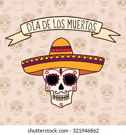 Colorful skull in sombrero on seamless pattern with skulls, tombstones, tequila, flowers and candles. Vector eps10.