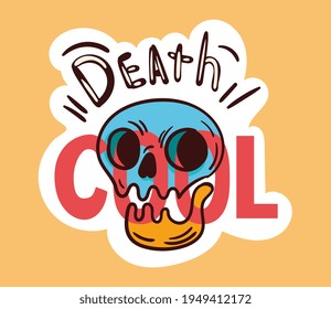 Colorful skull sticker with death cool lettering. Old school style of art. Stylish vintage drawing skeleton. Flat cartoon vector illustration