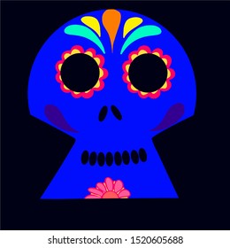 Colorful skull. Symbol representative of Mexico's Day of the Dead celebration. Cultural festival of Mexico. Isolated skeleton on black black background.